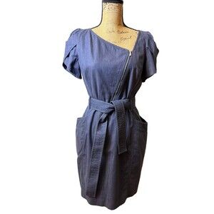 Karen Millen Navy Cotton Belted Asymmetric Zip Pockets Denim Dress Sz 6